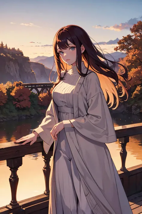 beautiful english woman standing on a bridge looking over the edge. dawn, cold, autumnal. volumetric light.
