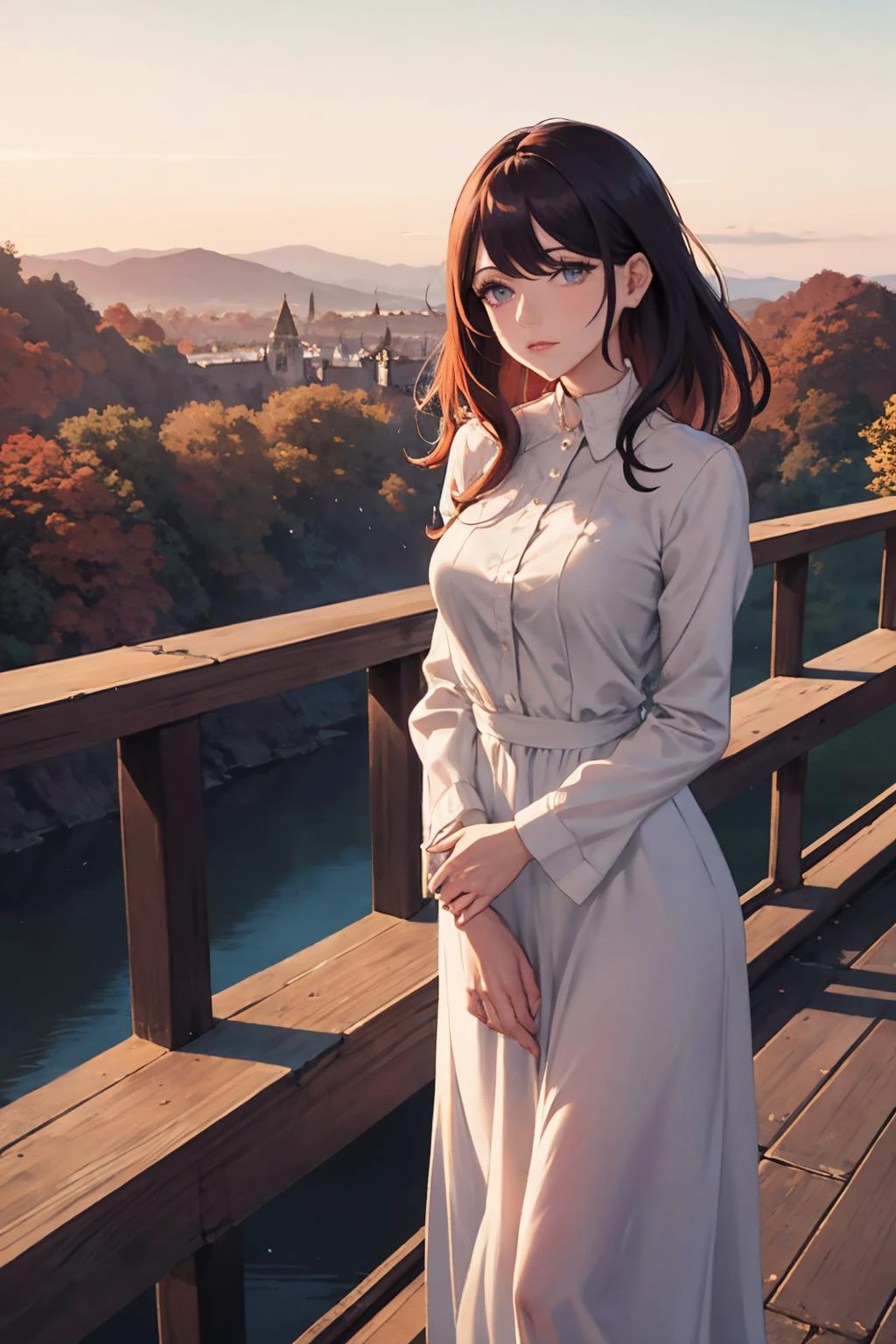 beautiful english woman standing on a bridge looking over the edge. dawn, cold, autumnal. volumetric light.