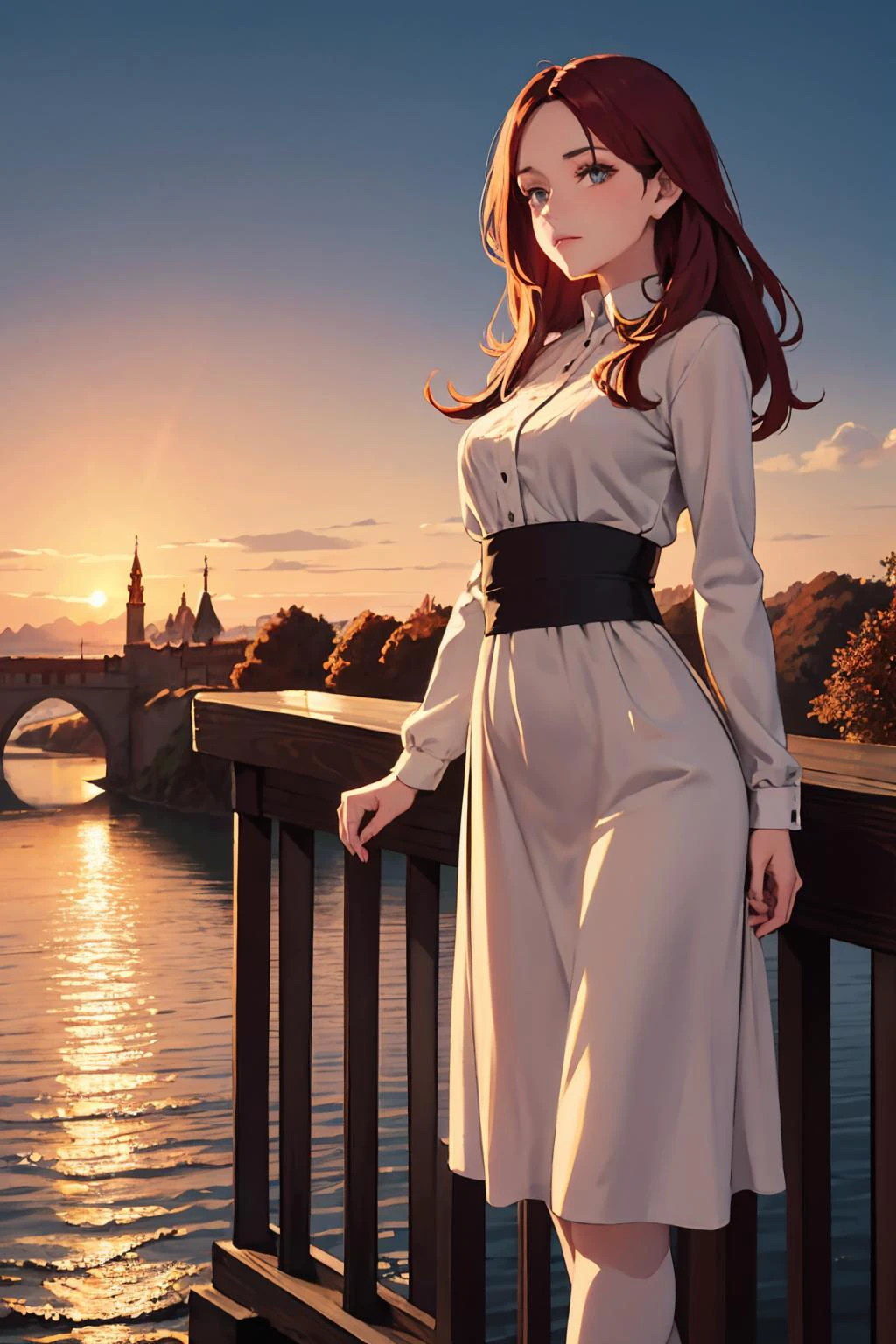 beautiful english woman standing on a bridge looking over the edge. dawn, cold, autumnal. volumetric light.