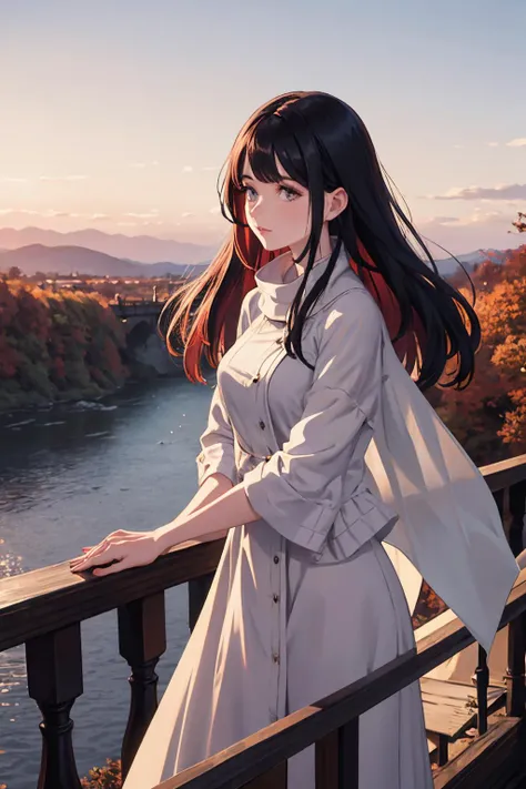 beautiful english woman standing on a bridge looking over the edge. dawn, cold, autumnal. volumetric light.