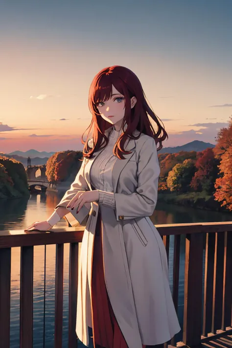 beautiful english woman standing on a bridge looking over the edge. dawn, cold, autumnal. volumetric light.
