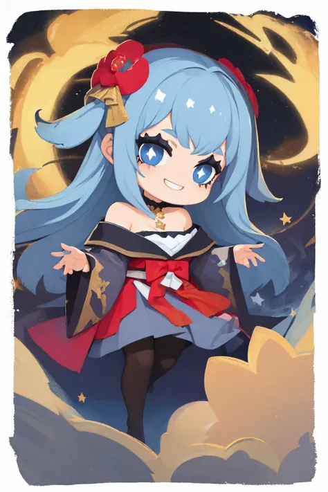 (masterpiece, best quality:1.2), border, chibi, solo, 1girl, smile, looking at viewer, long hair, blue hair, star hair ornament, blue eyes, off-shoulder shirt, skirt, pantyhose <lyco:style_onmyoji-20:1.0>