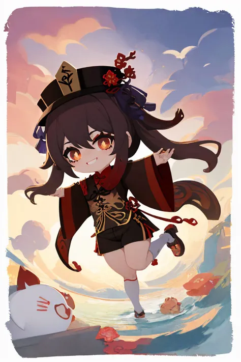 (masterpiece, best quality:1.2), border, chibi, solo, 1girl, hu tao \(genshin impact\), smile, looking at viewer, twintails, porkpie hat, chinese clothes, coattails, shorts <lyco:style_onmyoji-20:1.0>