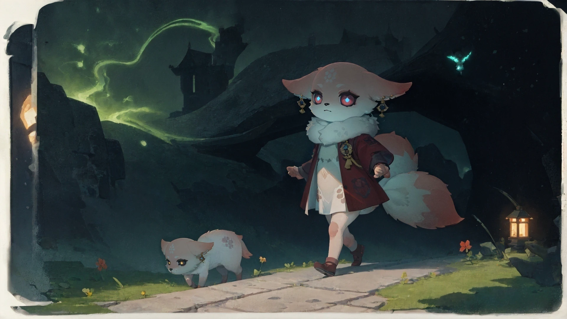 (masterpiece, best quality, high resolution,detailed:1.3), girl <lora:YaeMikoFox:1>, YaeMikoFox , (fully clothed:1.2), glowing eyes, (looking down:1.2), bioluminescence, walking towards, (castle background:1.1), detailed face,<lyco:style_onmyoji-20:0.85> , border, chibi