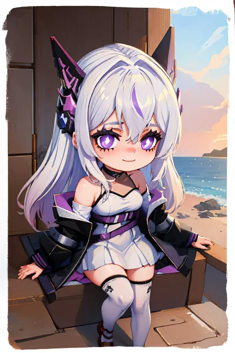 (masterpiece, best quality:1.2), border, chibi, solo, 1girl, Meina, smile, looking at viewer, headgear, bare shoulders, black choker, detached sleeves, white dress, belt, (black thighhighs:1.2), (white thighhighs:0.75), jacket, open jacket <lora:style_onmyoji-20:1> <lora:MeinaV2:0.8>