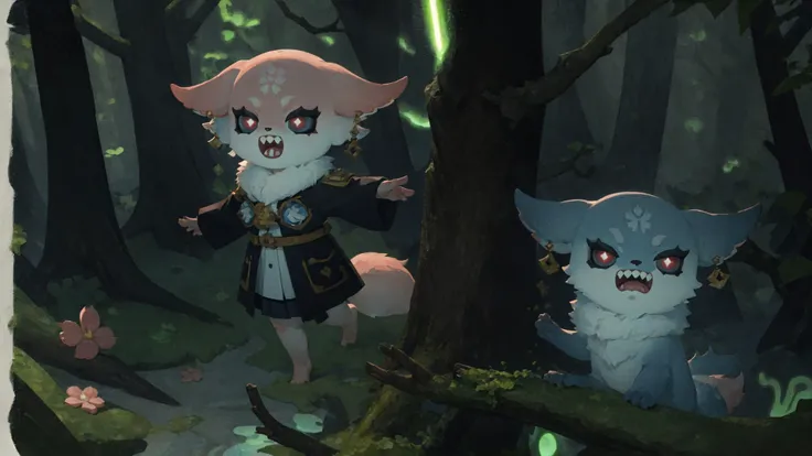 (masterpiece, best quality, high resolution,detailed:1.3), girl <lora:YaeMikoFox:0.8>, YaeMikoFox, from above,hiding behind tree, open mouth, parted lips, sharp teeth,menacing,half closed eyes, (fully clothed:1.1), glowing eyes, (bioluminescence:1.2), (forest background:1.1), detailed face,<lora:style_onmyoji:0.85> , border, chibi, hand,