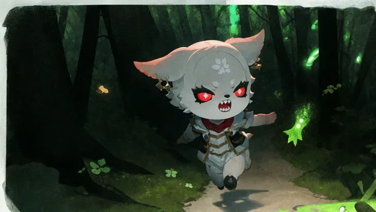 (masterpiece, best quality, high resolution,detailed:1.3), girl <lora:YaeMikoFox:0.8>, YaeMikoFox, from above,running around, open mouth, parted lips, sharp teeth,menacing,half closed eyes, (fully clothed:1.1), glowing eyes, (bioluminescence:1.2), (forest background:1.1), detailed face,<lora:style_onmyoji:0.85> , border, chibi, hand,