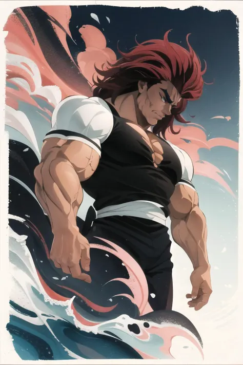 Highly detailed, High Quality, Masterpiece, beautiful, solo, boy, biceps, large pectorals, male focus, manly, muscular, muscular male, pectorals, red hair, spiked hair, <lora:Char_Baki_YujiroHanma:0.9>, border, chibi, <lora:Style_Onmyoji:1>