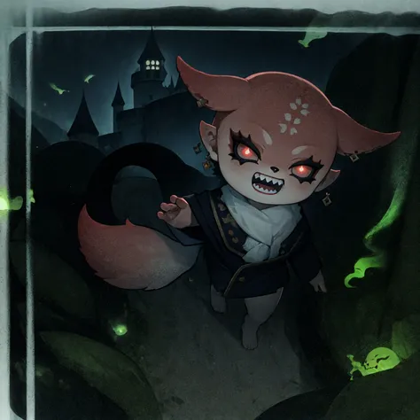 (masterpiece, best quality, high resolution,detailed:1.3), girl <lora:YaeMikoFox:0.8>, YaeMikoFox, from above,running around, open mouth, parted lips, sharp teeth,half closed eyes, (fully clothed:1.1), glowing eyes, bioluminescence, (castle background:1.1), detailed face,<lora:style_onmyoji:0.85> , border, chibi, hand,