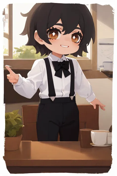 (masterpiece, best quality:1.2), border, chibi, solo, male focus, 1boy, smile, looking at viewer, short hair, black hair, brown eyes, white shirt, collared shirt, black bowtie, long sleeves, suspenders, black pants <lyco:style_onmyoji-20:1.0>