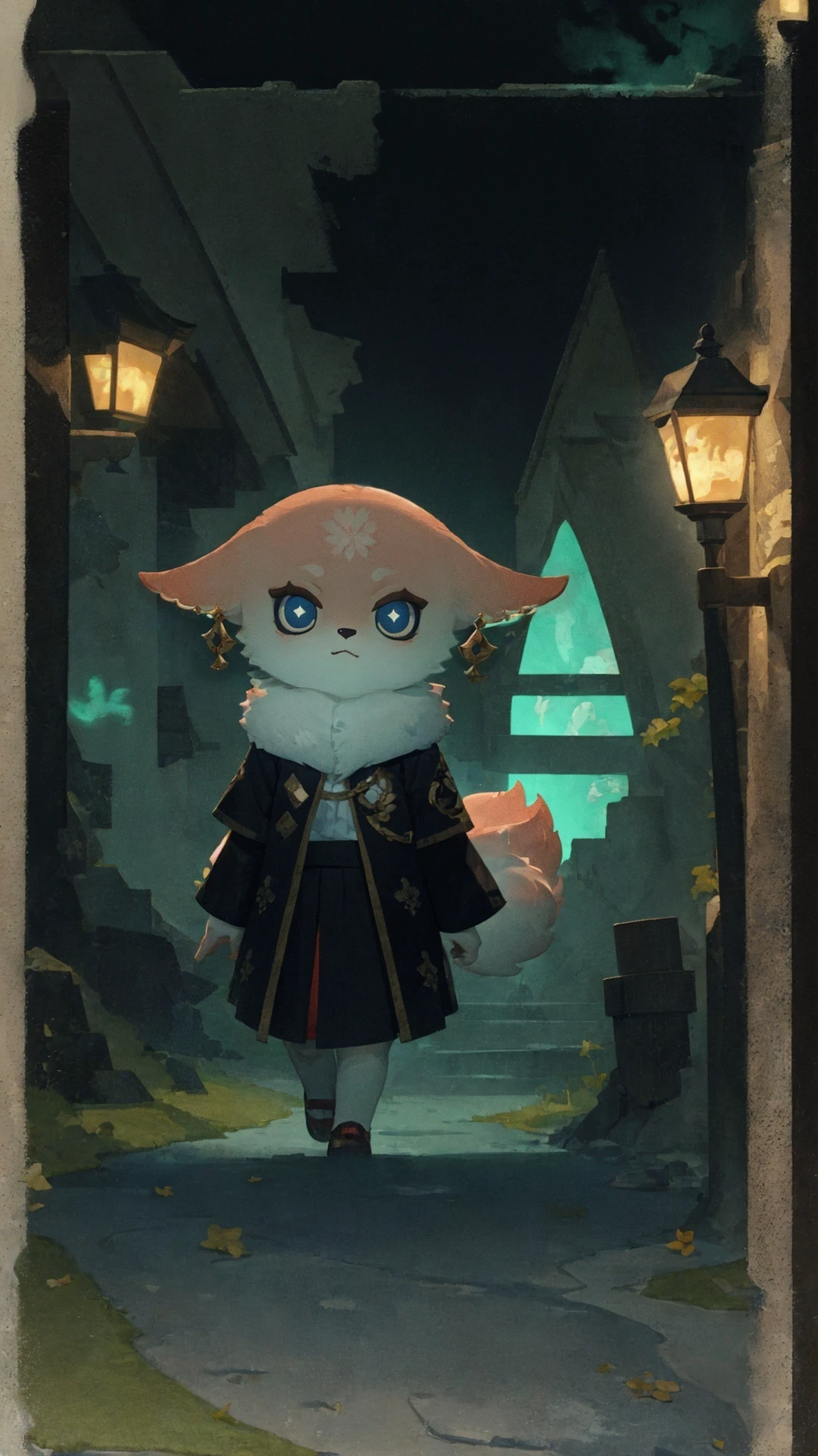 (masterpiece, best quality, high resolution,detailed:1.3), girl <lora:YaeMikoFox:1>, YaeMikoFox , (fully clothed:1.2), glowing eyes, (looking down:1.2), bioluminescence, walking towards, (castle background:1.1), detailed face,<lyco:style_onmyoji-20:0.85> , border, chibi