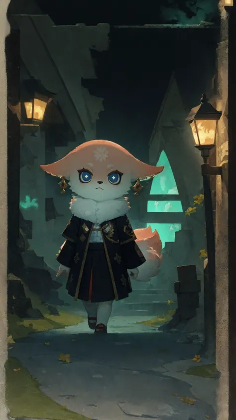 (masterpiece, best quality, high resolution,detailed:1.3), girl <lora:YaeMikoFox:1>, YaeMikoFox  , (fully clothed:1.2), glowing eyes, (looking down:1.2), bioluminescence, walking towards, (castle background:1.1), detailed face,<lyco:style_onmyoji-20:0.85> , border, chibi