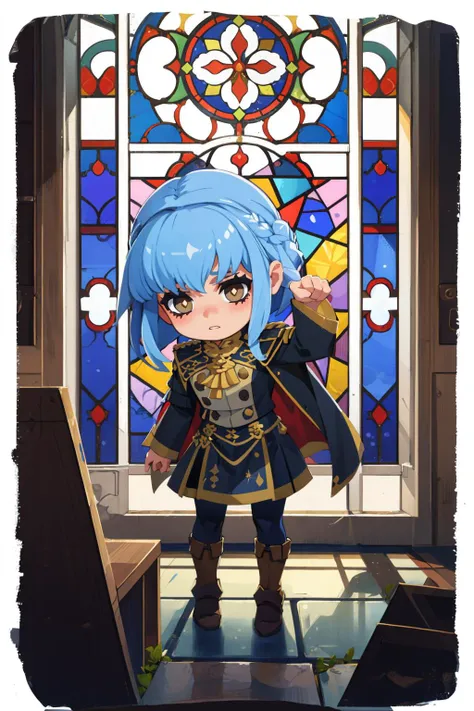 masterpiece, best quality, marianne_academy, uniform, black skirt, garreg mach monastery uniform, blue pantyhose, boots, standing, church, stained glass windows, scared, border, chibi <lora:style_onmyoji-20:1>  <lora:marianne-nvwls-v1:0.7>