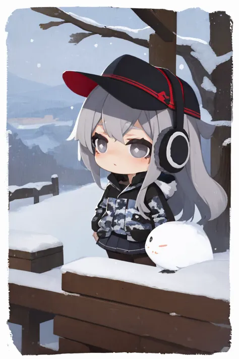 (masterpiece, best quality:1.2), border, chibi, solo, 1girl, verniysaury, expressionless, grey hair, white hat, earmuffs, camouflage jacket, long sleeves, black skirt, black pantyhose, snowing <lyco:style_onmyoji-20:1.0> <lora:kancolle_verniy:0.8>