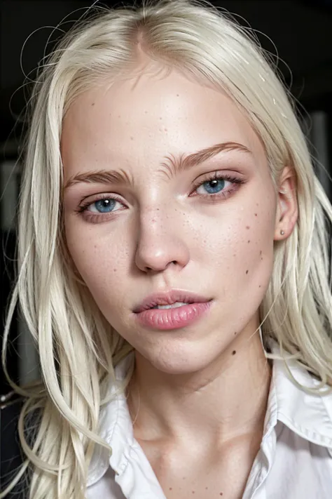 woman android, <lora:GITSSashaLussLora:0.7>,(((photographic, photo, photogenic))),woman with white hair and blue eyes, (detailed face, nose), wearing ((Skirt)) and ((Button-up shirt)) (f1.8 short focus bokeh), focus on eyes, studio white background ,