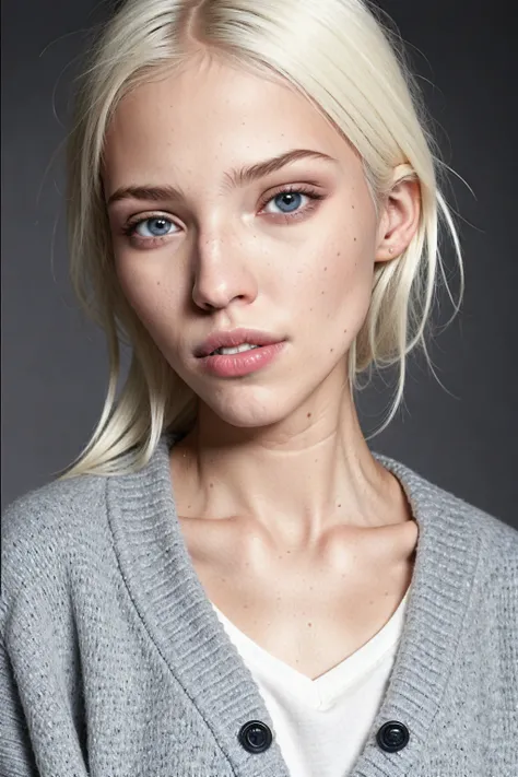 <lora:GITSSashaLussLora:0.7>,(((photographic, photo, photogenic))),woman with white hair and blue eyes, (detailed face, nose), wearing ((Joggers)) and ((Cardigan)) (f1.8 short focus bokeh), focus on eyes, studio white background ,
