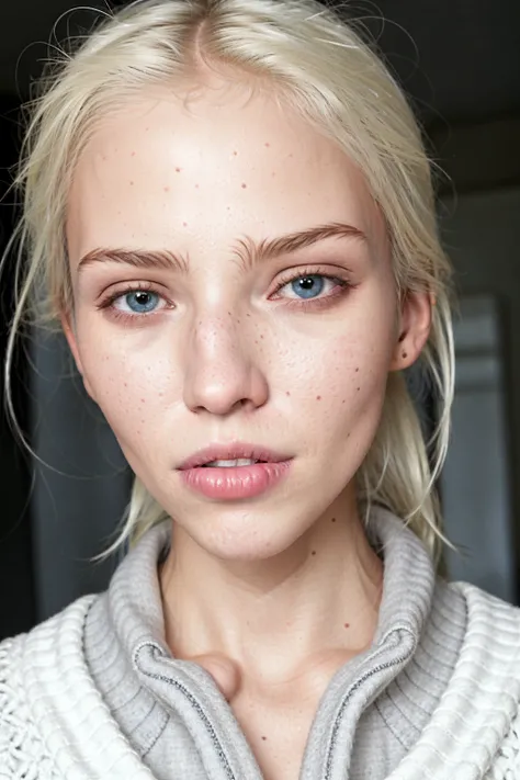 woman android, <lora:GITSSashaLussLora:0.7>,(((photographic, photo, photogenic))),woman with white hair and blue eyes, (detailed face, nose), wearing ((Joggers)) and ((Cardigan)) (f1.8 short focus bokeh), focus on eyes, studio white background ,