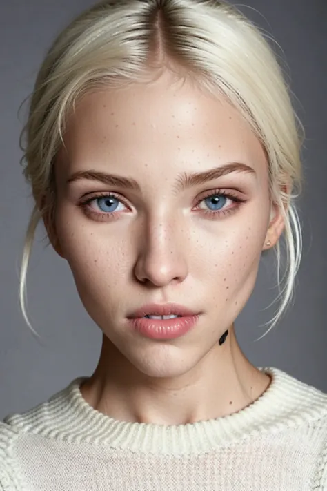 <lora:GITSSashaLussLora:0.7>,(((photographic, photo, photogenic))),woman with white hair and blue eyes, (detailed face, nose), wearing ((Pencil skirt)) and ((Sweater)) (f1.8 short focus bokeh), focus on eyes, studio white background ,