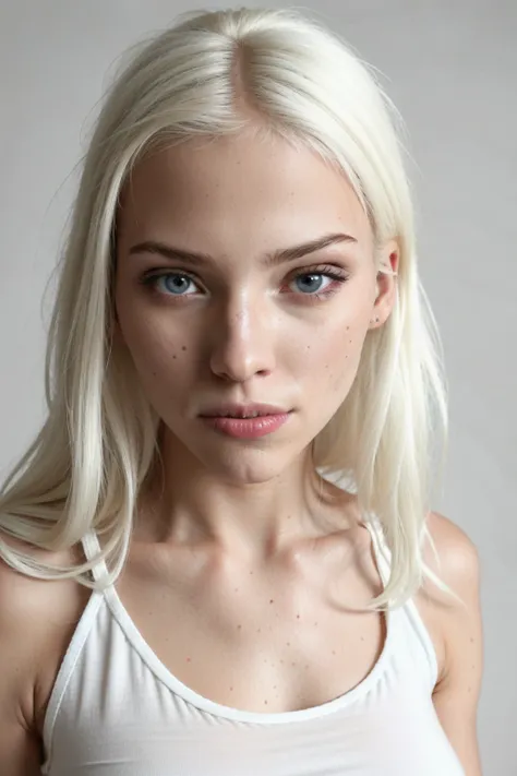 <lora:GITSSashaLussLora:0.7>,(((photographic, photo, photogenic))),woman with white hair and blue eyes, (detailed face, nose), wearing ((Jeggings)) and ((Tank top)) (f1.8 short focus bokeh), focus on eyes, studio white background ,