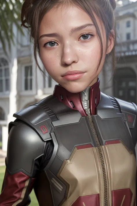 highres, masterpiece, 1girl, solo, best quality, realistic, outdoors, close up, looking at viewer, perspective shot, (ironman suit), sweat,black hair, smirk, aroused, <lora:sashaLussLora_lorav1:0.8>