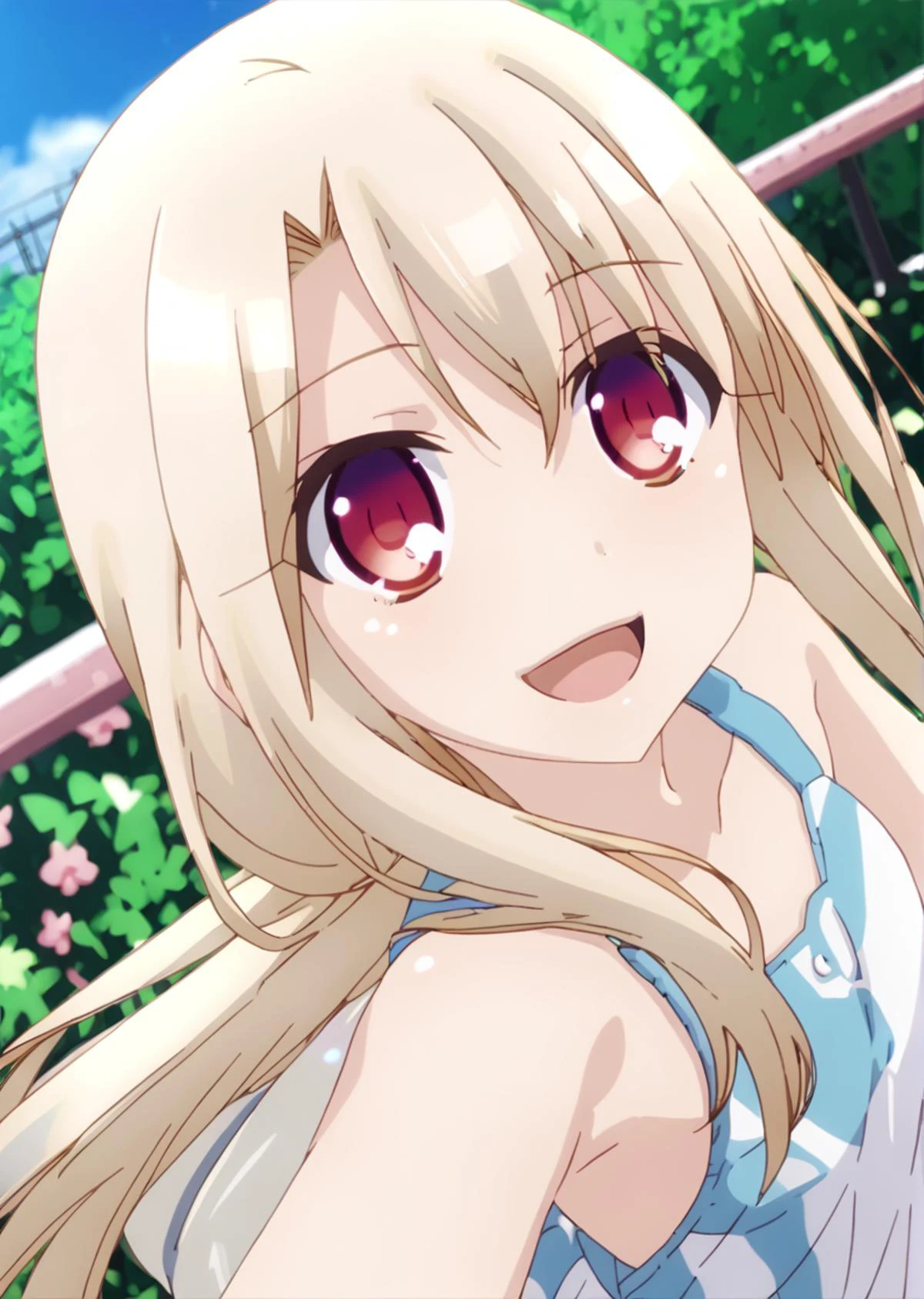 score 9, score 8 up, score 7 up, rating questionable,
detailed background,
<lora:illya.pony:1>,
illya,
shiny skin,
looking at viewer,
light blush,
casual modern style outfit,
outdoor, pov, from side, look up, smile, open mouth,