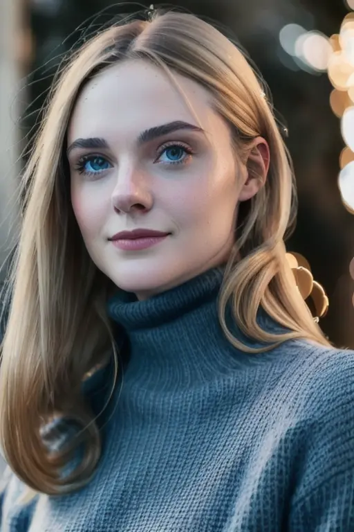 a naturally beautiful woman, in a turtleneck sweater, perfect winter night, (((close up))), head shot, [candid:0.5, amateur:0.5], 8K, RAW, UHD, perfect face, stunning clear eyes, [perfect smile] <lora:ellieFanning:1>
