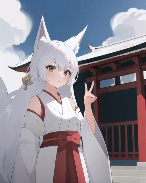 1girl, fox girl, white fox ears, white hair, shrine background, (miko outfit), <lora:Saya-fox shadow puppet4:1> fox shadow puppet, double fox shadow puppet