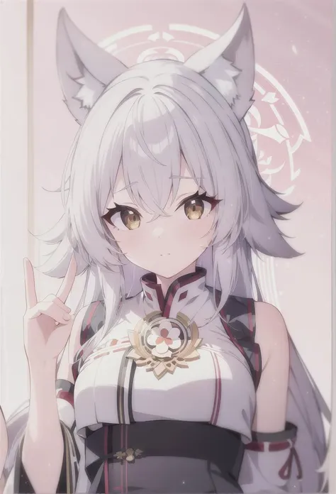 best quality, ultra detailed, absurdres, 1girl, solo, (miko outfit), fox ears, white hair, long hair, fox shadow puppet,single fox shadow puppet, shrine background