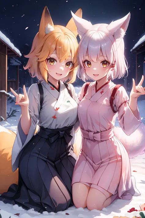 ((best quality)), ((masterpiece)), illustration, high-res, prefect lighting, absurdres, (2girls,couple), full body, petite, cling to each other, Japanese interior room, open mouth, smile, happy, playing, looking at viewer
AND (2girls), Senko<lora:SenkoLora-10:0.5>, (Seiza, fox shadow puppet, double fox shadow puppet:1.1)
AND (2girls), lico<lora:LicoMachikado:0.7>, white hair, pure white fox tail, (Seiza, fox shadow puppet, double fox shadow puppet:1.1).
<lyco:Saya-fox shadow puppet:0.9> <lora:rainbow:0.3>