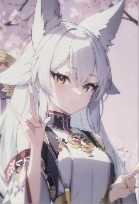 best quality, ultra detailed, absurdres, 1girl, solo, (miko outfit), fox ears, white hair, long hair, fox shadow puppet,single fox shadow puppet, shrine background