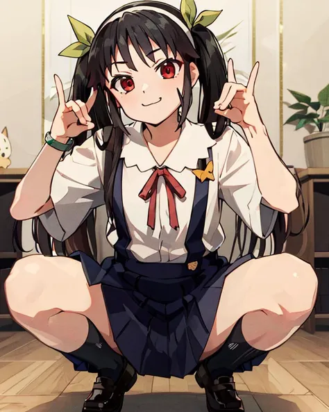 <lora:hachikuji-v3-pruned:0.6>,(mayoi_hachikuji, hachikuji mayoi, twintails, red eyes, ribbon, black hair, green bow, long hair, hairband, suspender skirt, school uniform, shirt, short sleeves),
paw, happy, indoors, squatting,
<lora:Saya-fox shadow puppet:1>, fox shadow puppet, double fox shadow puppet,