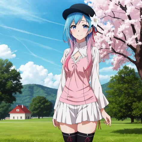 HinaPlunderer, masterpiece, best quality, 1girl, blue hair, blue eyes, (short hair with long locks), pink dress, multicolored hair, blush, (black thighhighs), white skirt, (black hat), flower, anime, anime screencap, cleavage, light smile, looking at viewer, open field.