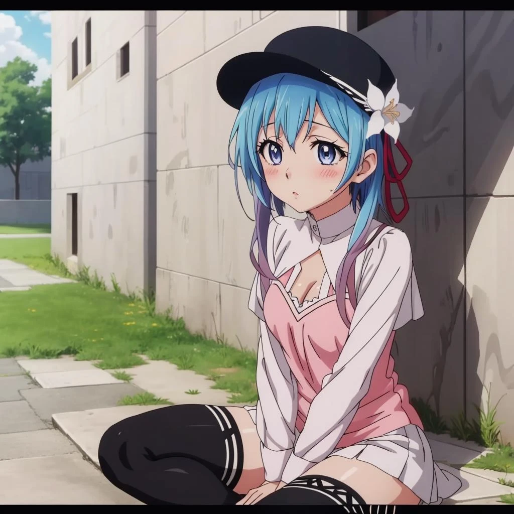 HinaPlunderer, 1girl, blue hair, blue eyes, short hair with long locks, multicolored hair, blush, (black thighhighs), hat, flower, anime, anime screencap, cleavage,