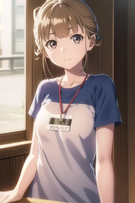 hinatamiyake, <lora:hinata miyake s1-lora-nochekaiser:1>,
hinata miyake, short hair, brown hair, (brown eyes:1.5),
BREAK shirt, short sleeves, uniform, blue shirt, name tag, id card, employee uniform,
BREAK indoors,
BREAK looking at viewer,
BREAK <lyco:GoodHands-beta2:1>, (masterpiece:1.2), best quality, high resolution, unity 8k wallpaper, (illustration:0.8), (beautiful detailed eyes:1.6), extremely detailed face, perfect lighting, extremely detailed CG, (perfect hands, perfect anatomy),