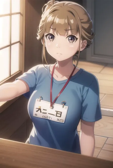 hinatamiyake, <lora:hinata miyake s1-lora-nochekaiser:1>,
hinata miyake, short hair, brown hair, (brown eyes:1.5),
BREAK shirt, short sleeves, uniform, blue shirt, name tag, id card, employee uniform,
BREAK indoors,
BREAK looking at viewer,
BREAK <lyco:GoodHands-beta2:1>, (masterpiece:1.2), best quality, high resolution, unity 8k wallpaper, (illustration:0.8), (beautiful detailed eyes:1.6), extremely detailed face, perfect lighting, extremely detailed CG, (perfect hands, perfect anatomy),