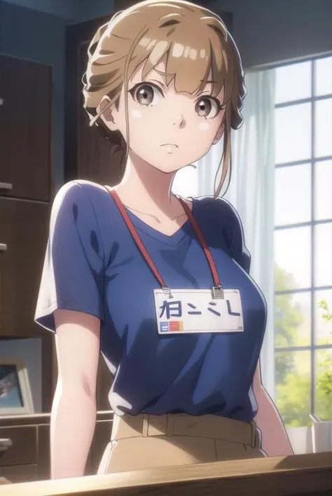 hinatamiyake, <lora:hinata miyake s1-lora-nochekaiser:1>,
hinata miyake, short hair, brown hair, (brown eyes:1.5),
BREAK shirt, short sleeves, uniform, blue shirt, name tag, id card, employee uniform,
BREAK indoors,
BREAK looking at viewer,
BREAK <lyco:GoodHands-beta2:1>, (masterpiece:1.2), best quality, high resolution, unity 8k wallpaper, (illustration:0.8), (beautiful detailed eyes:1.6), extremely detailed face, perfect lighting, extremely detailed CG, (perfect hands, perfect anatomy),