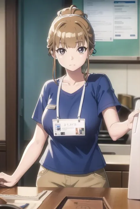 hinatamiyake, <lora:hinata miyake s1-lora-nochekaiser:1>,
hinata miyake, short hair, brown hair, (brown eyes:1.5),
BREAK shirt, short sleeves, uniform, blue shirt, name tag, id card, employee uniform,
BREAK indoors,
BREAK looking at viewer,
BREAK <lyco:GoodHands-beta2:1>, (masterpiece:1.2), best quality, high resolution, unity 8k wallpaper, (illustration:0.8), (beautiful detailed eyes:1.6), extremely detailed face, perfect lighting, extremely detailed CG, (perfect hands, perfect anatomy),