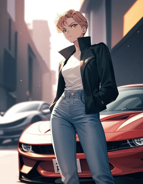 score_9, score_8_up, score_7_up, score_6_up, score_5_up, score_4_up
<lora:haruka-ponyxl-000018:1>
1girl, harukasm, black jacket, white shirt, denim, pants, ferrari, car, serious, bokeh, film grain