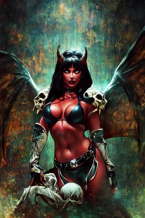 <lora:Purgatori-10:1> Purgatori, (masterpiece, best quality, ultra-detailed, highres, best illustration),perfect face, (perfect hands), ray tracing,A crimson-skinned, winged vampire goddess, 1girl, red skin, solo, horns,  demon girl,  breasts, colored skin, red skin, cleavage, navel, demon wings, black hair, long hair, skull, elbow gloves, bikini,  large breasts, choker, demon, skull belt, midriff, gloves, sexy, depth_of_field,very detailed hellscape post apocalyptic  background,extreme light and shadow,(detailed eyes), (beautiful) beautiful detailed eyes, (seductive smirk), perfect lighting , perfect anatomy,(extremely detailed illustrated 8k wallpaper),(masterpiece), (best quality), (ultra-detailed), (best illustration),(best shadow),perfect lighting , perfect anatomy , vivid colors,