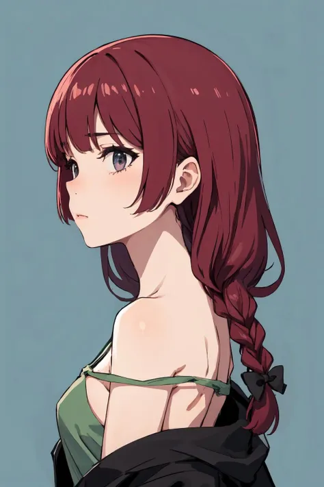 ((Highest quality)), ((masterpiece)), (detailed), One person, Dark cherry red hair, Long hair that stops at the end of the chest, No bangs, Dark blue eyes with grey and greenish hues, looks bored facing the camera. Mole under left eye and one under her right side chin. Mole. Mole under left eye. Mole on her chin.