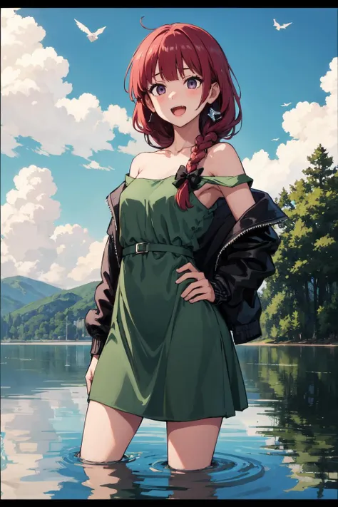 masterpiece, (detailed, highres, best quality), 1girl, <lora:hiroi kikuri by Goofy Ai:1> hiroi kikuri, long hair, hair over shoulder ,single braid, strap slip, off shoulder, green dress, single braid, dress, two-tone jacket, bare shoulders, jacket, blunt bangs, black jacket, black bow, bird, border, cloud, horizon, outdoors, reflection, scenery, small stellated dodecahedron, very wide shot, white border, excited