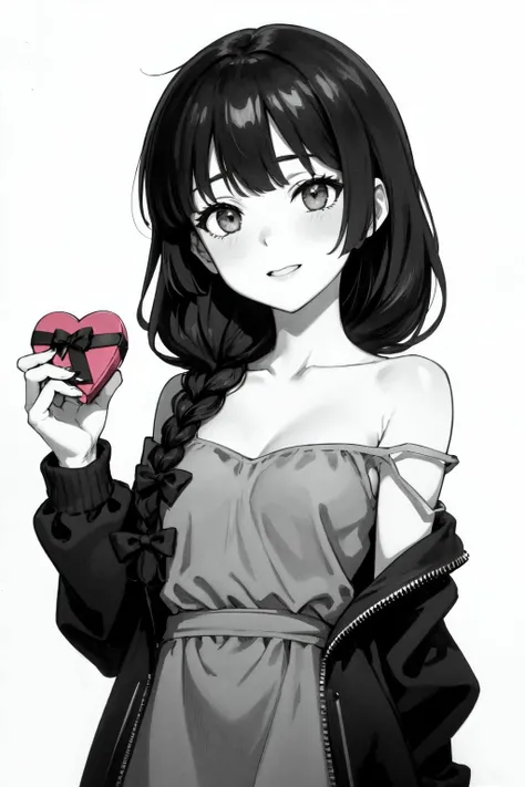 masterpiece, (detailed, highres, best quality), 1girl, <lora:hiroi kikuri by Goofy Ai:1> hiroi kikuri, long hair, hair over shoulder ,single braid, strap slip, off shoulder, green dress, single braid, dress, two-tone jacket, bare shoulders, jacket, blunt bangs, black jacket, black bow, gift bag, greyscale, heart, monochrome, photo (medium), signature, simple background, traditional media, twitter username, valentine, white background, amused