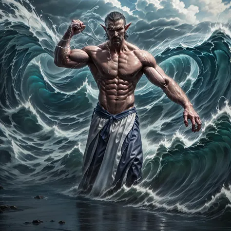 A dunmer male wizard, wearing open robes as he casts water spells. <lora:Dunmer-Male:0.8> Dunmer-Male <lora:Concept - Hydromancer:1> hydr0mancer, water, waves, hydrokinesis, splashing <lora:muscle_slider_v1:-2> <lora:weather_slider_v1:1> thunder storm <lora:locon_conceptlightning_v1_from_v1_64_32:0.8> lghtnngprsn, lightning, storm, thunder