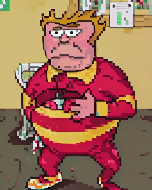 <lora:Coach McGuirk V1:0.9> coach_john_mcguirk, short hair, spiked hair, yellow collar, red shirt, whistle around neck, red gloves, yellow stripe, red pants, red shoes, overweight, holding, holding_soccer-ball, on_field, black and white soccer ball <lora:SNES Earthbound Enemies V1:1> earthbound_enemy, neutral grey background, pixelart, drop shadow