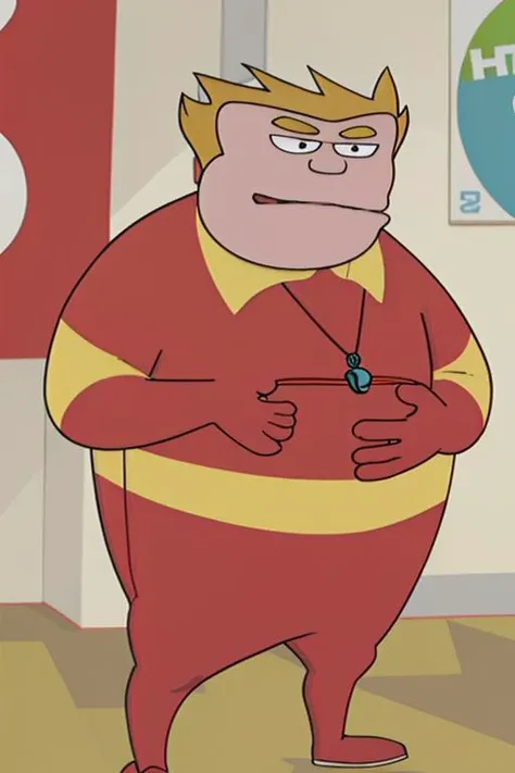 <lora:Coach McGuirk V1:0.9> coach_john_mcguirk, short hair, spiked hair, overweight, yellow collar, red shirt, whistle around neck, red gloves, yellow stripe, red pants, red shoes,