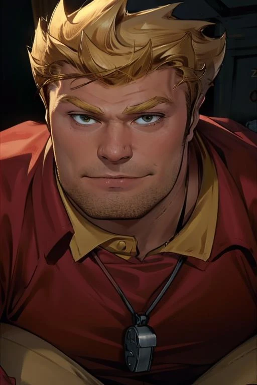 <lora:Coach McGuirk V11-000008:0.9> coach_john_mcguirk, blonde hair, short hair, spiked hair, overweight, yellow collar, red shirt, whistle around neck, red gloves, yellow stripe, red pants, red shoes, smile, raised eyebrow, stubble, bags under eyes, middle aged, highest quality, highest quality visuals, highest details,, fcPortrait_Force_Portrait, portrait, close up, looking at viewer, portrait, close up,