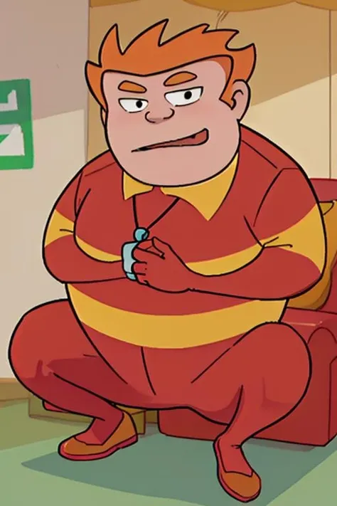 <lora:Coach McGuirk V12:0.9> coach_john_mcguirk, orange hair, short hair, spiked hair, overweight, yellow collar, red shirt, whistle around neck, red gloves, yellow stripe, red pants, red shoes, mouth open, raised eyebrow,