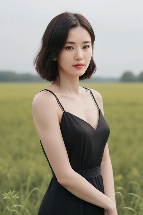 keb1, a woman, (realistic), (hyperrealism), (photorealistic), depth of field, eye makeup:0.8, (upper body:1.2), (narrow waist), looking at the viewer, black dress, at the field, <lora:httpeunbi:0.45>
