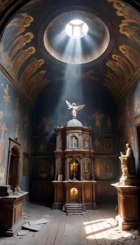 rortch church interior with a wooden floor, dusty walls painted with saints and angels, small wooden altar, ceiling with cupola, rays of sunlight illuminating the dust. abandoned, dim lighting <lora:rortch:0.5>