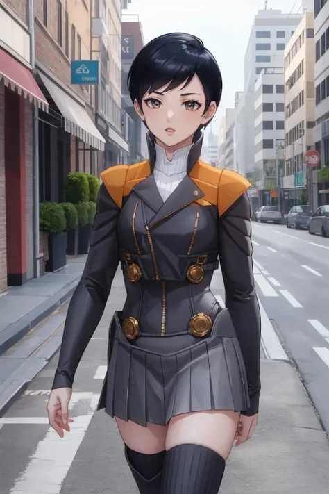 <lora:zs_Sera:1> seradds, bodysuit, skirt, thighhighs, boots, short hair, outdoors, city